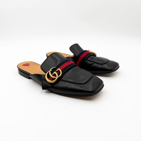 Gucci GG Web Stripe Peyton Mules Flat Slides Black Leather Loafers EU 38.5 US 8. - Picture 1 of 11